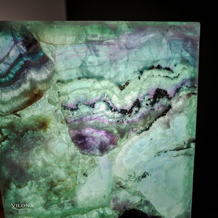 Fluorite floor lamp, square fluorite panel with green, teal, and purple veining