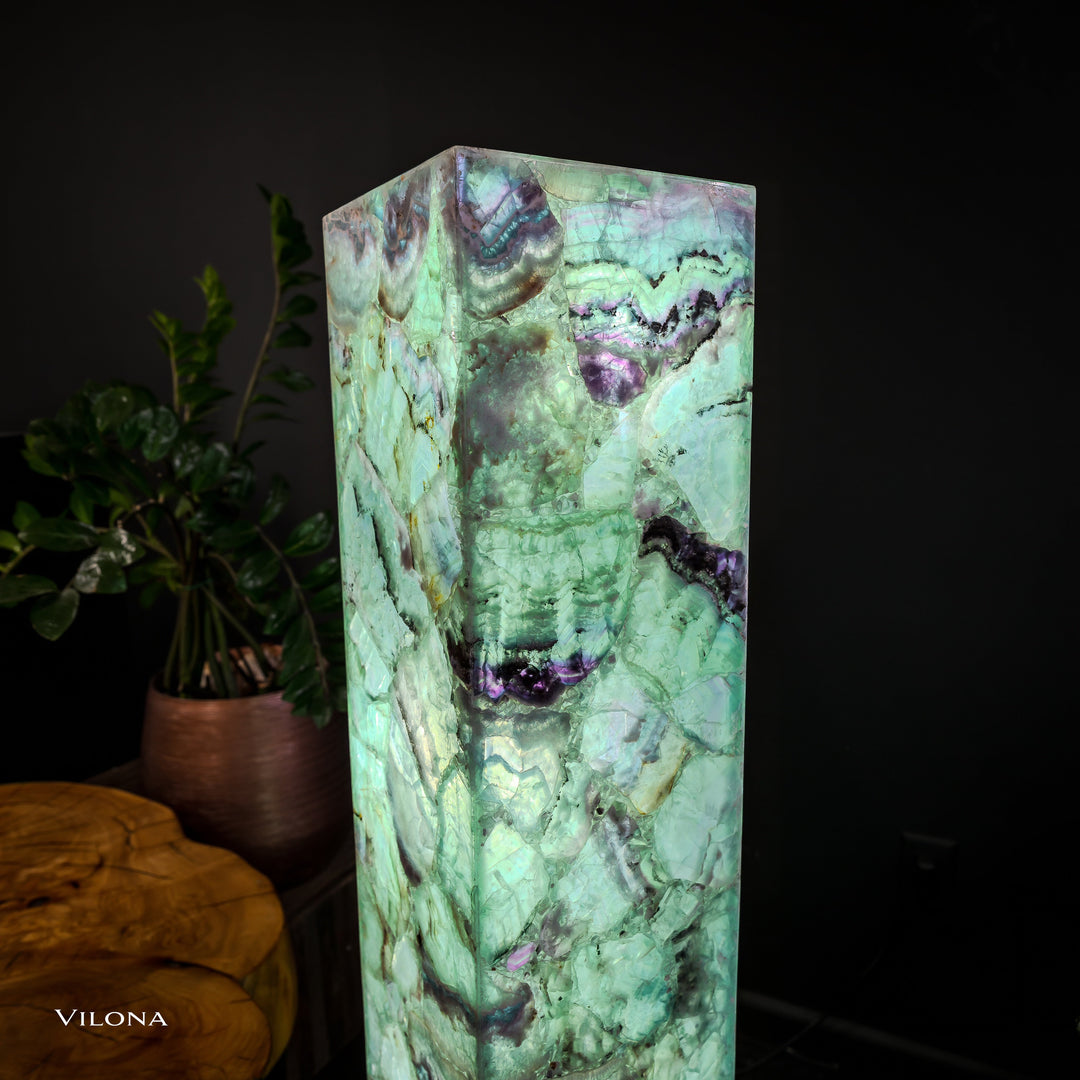 Medium fluorite floor lamp with glowing green square prism and violet streaks