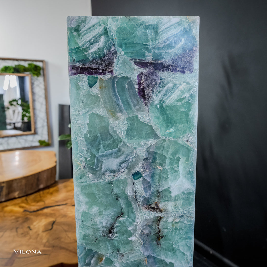 Fluorite floor lamp, square fluorite panel with blue-green sections and dark mineral streaks