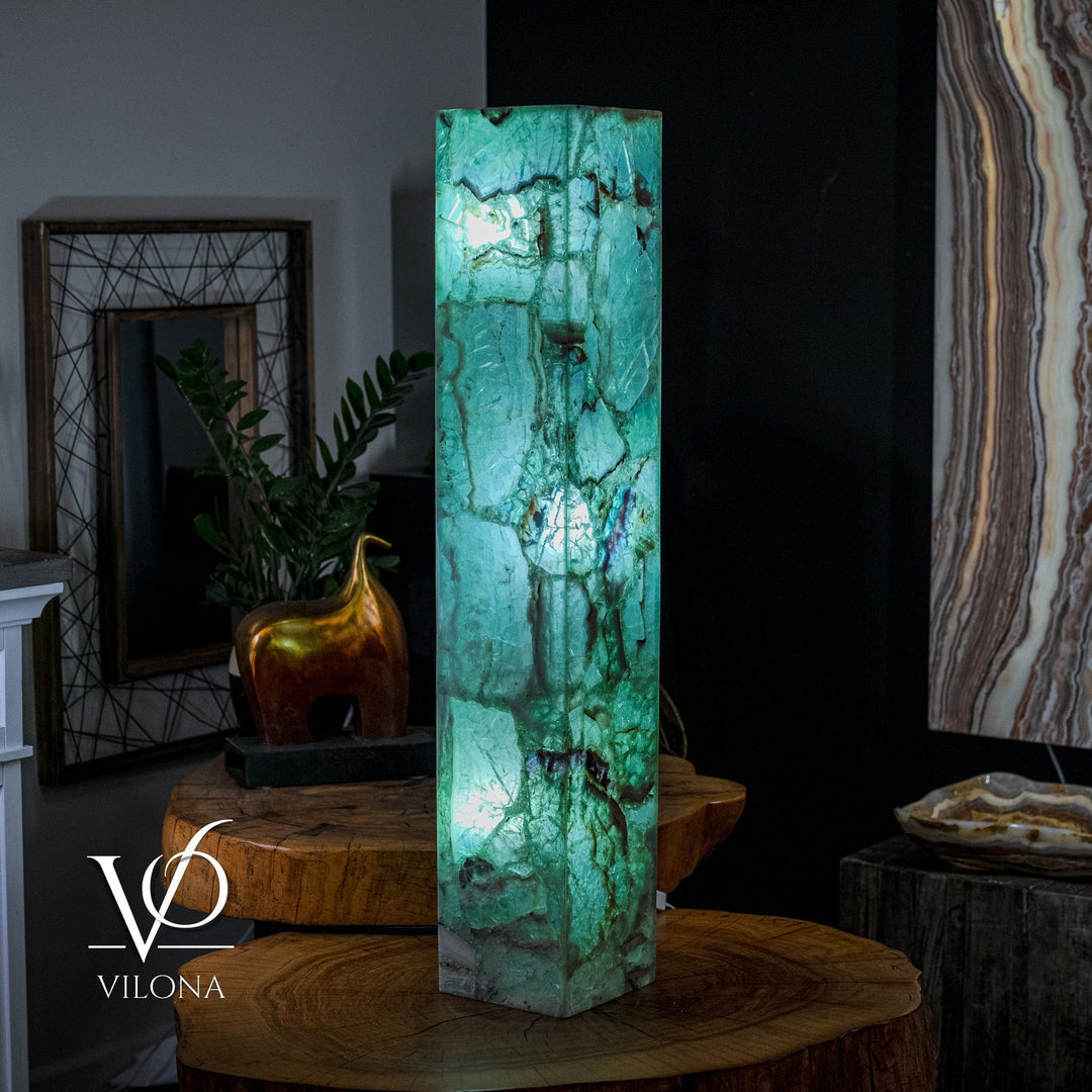 Turquoise square fluorite floor lamp with glowing pillar body