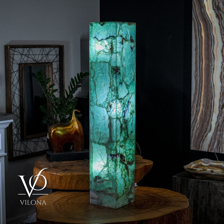 Turquoise square fluorite floor lamp with glowing pillar body