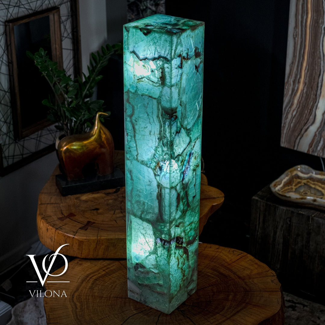 Square turquoise fluorite floor lamp viewed from the front-left