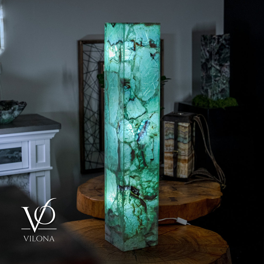 Turquoise square fluorite floor lamp on a round wooden base