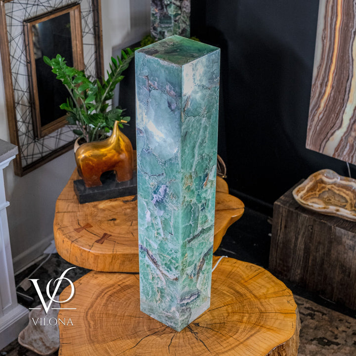 Square fluorite floor lamp column with blue-green stone texture, faceted sides