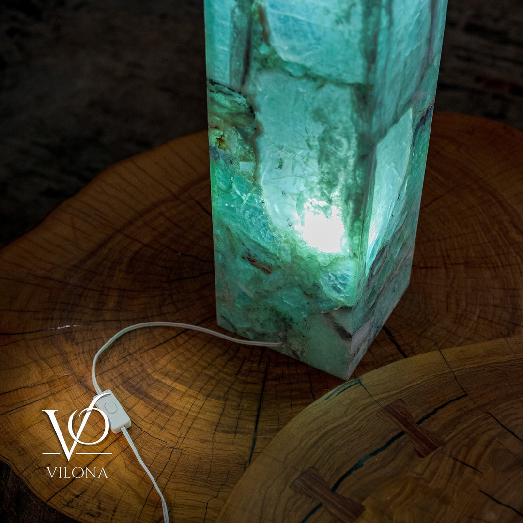 Turquoise fluorite floor lamp base with visible power cord