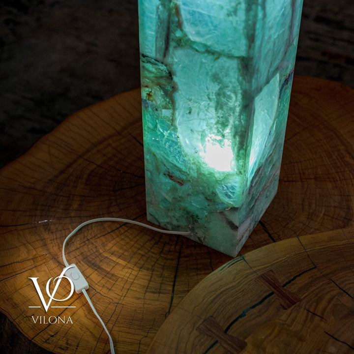 Turquoise fluorite floor lamp base with visible power cord