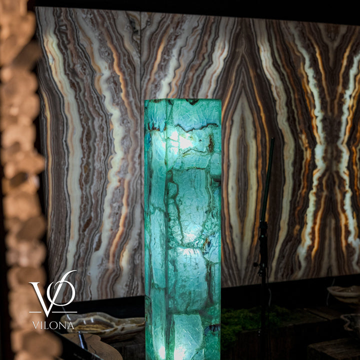 Tall turquoise square fluorite lamp with glowing interior veins
