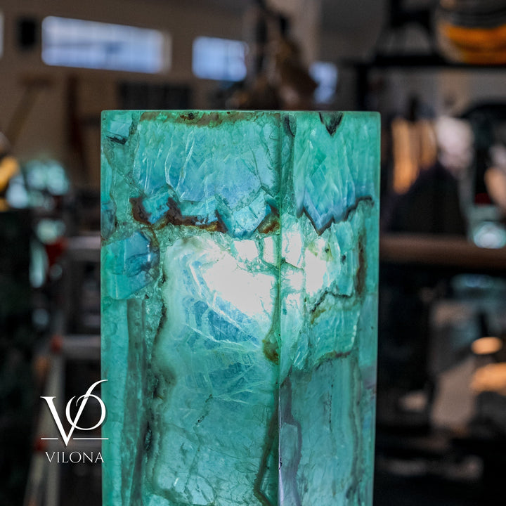 Turquoise fluorite floor lamp front view with branch-like dark inclusions
