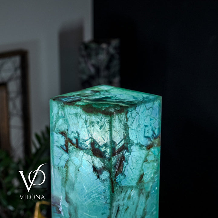 Square turquoise fluorite floor lamp with top surface and glowing core