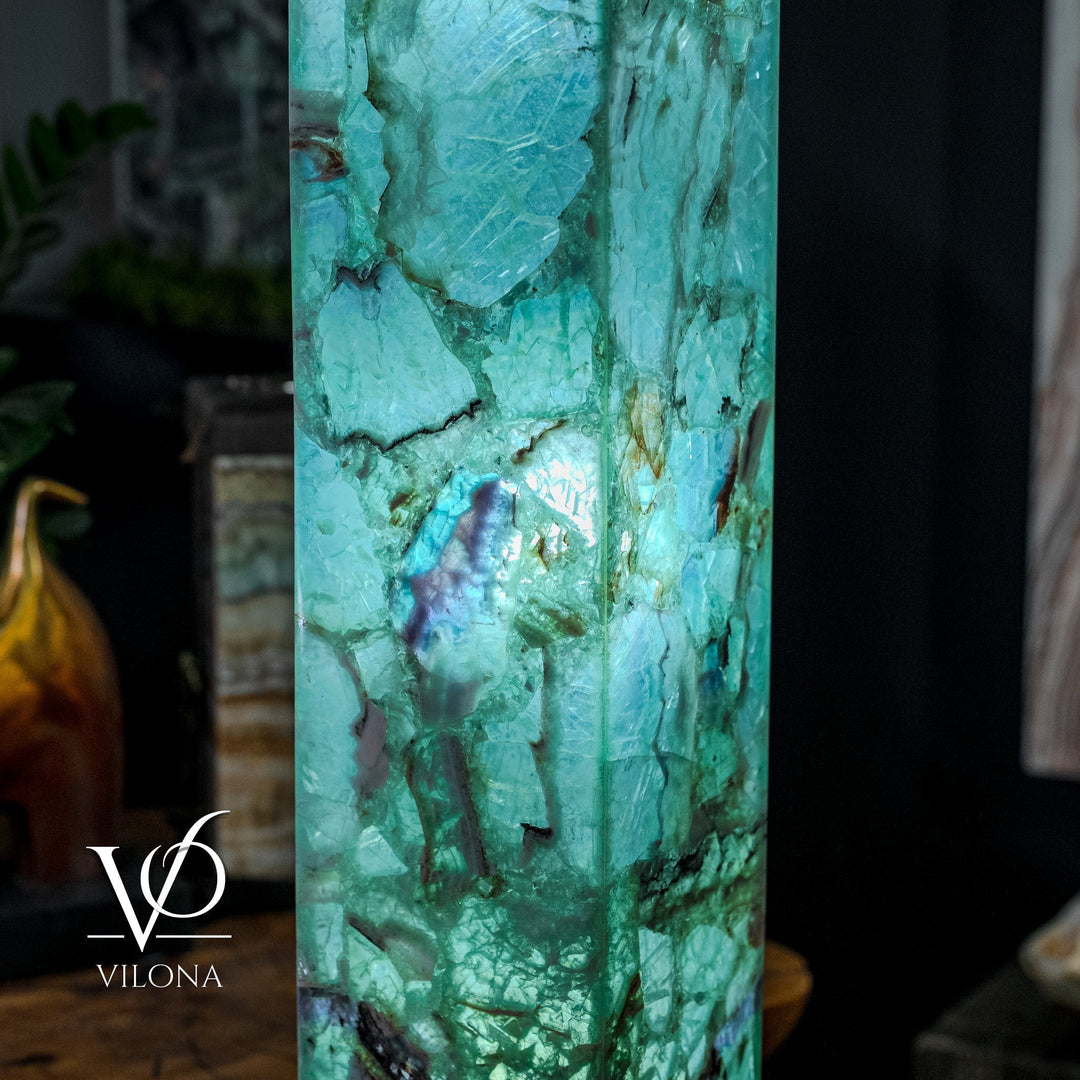 Turquoise fluorite floor lamp close-up with luminous interior