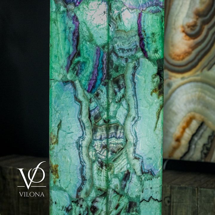 Tall square fluorite floor lamp showing green stone face with purple streaks