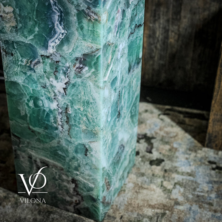 Square fluorite floor lamp base, green teal stone with rugged white veining