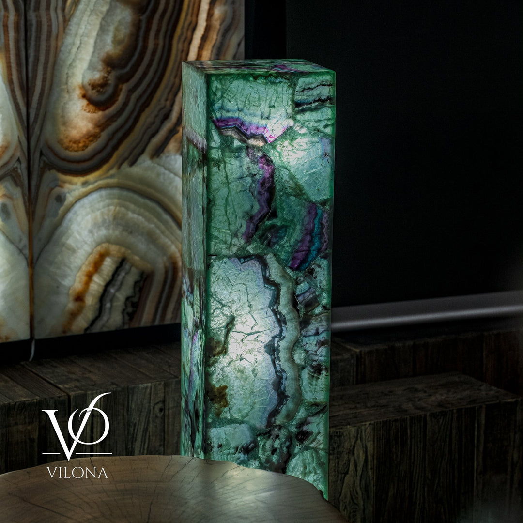 Medium square fluorite floor lamp side view, green stone with purple veins