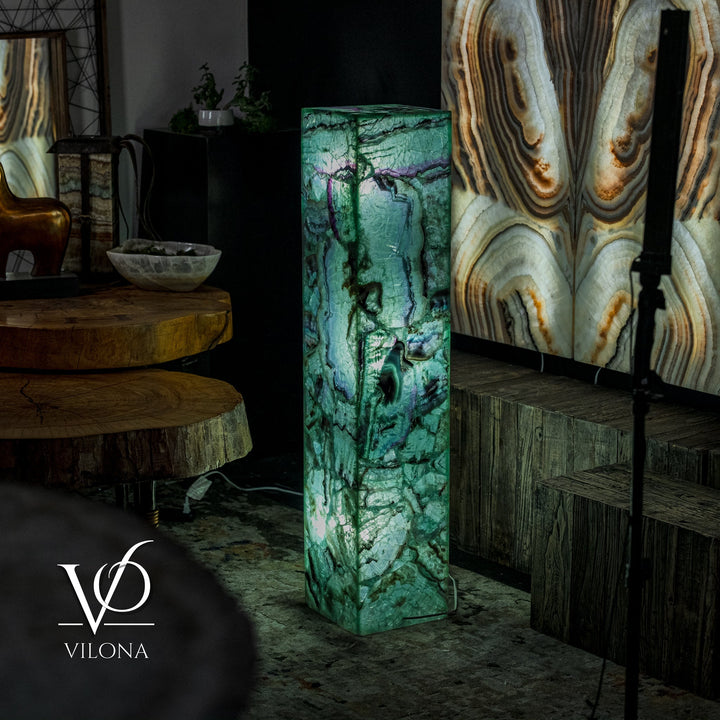 Square fluorite floor lamp standing upright in green stone with purple mineral lines