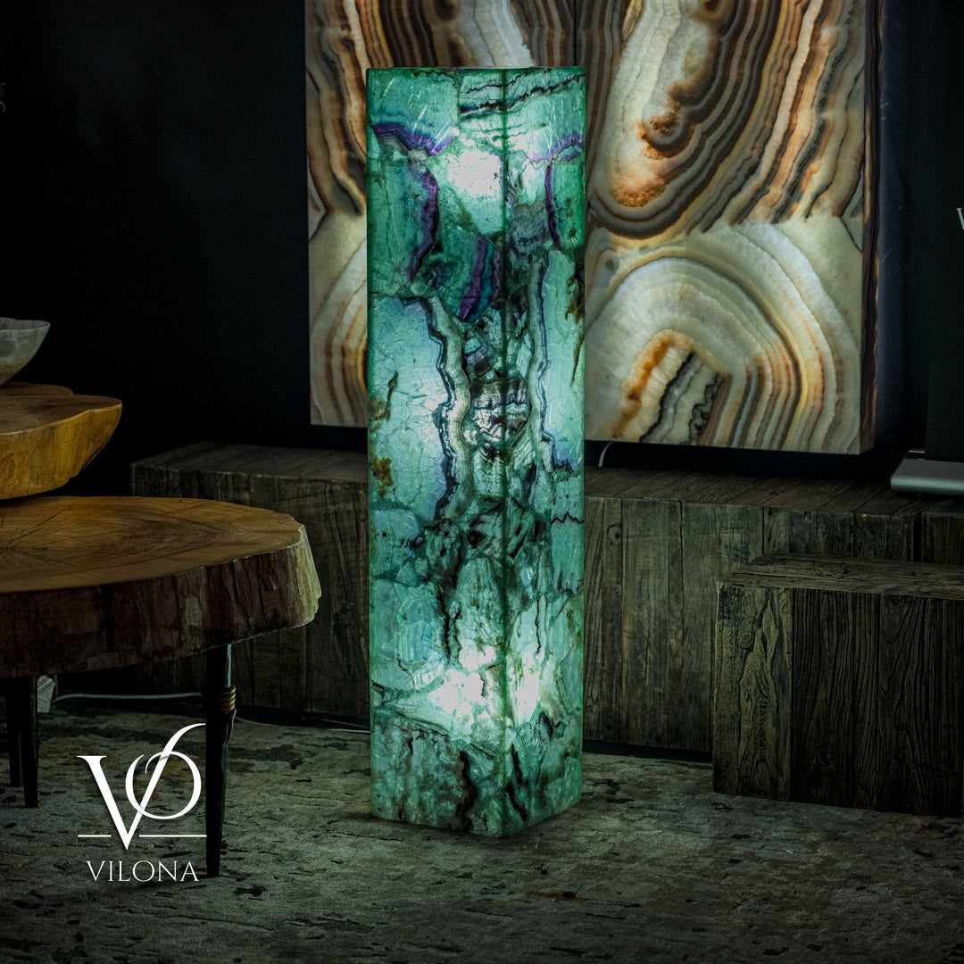 Medium square fluorite floor lamp front view with green translucence and purple marbling