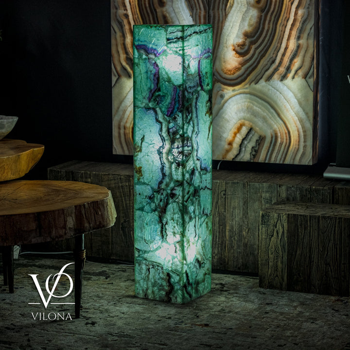 Medium square fluorite floor lamp front view with green translucence and purple marbling