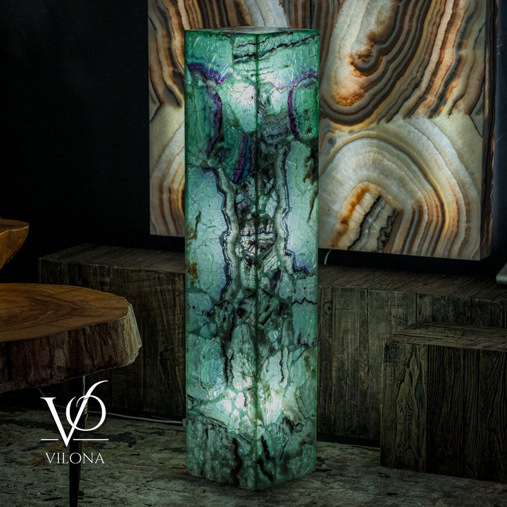Medium square fluorite floor lamp with green stone and purple crystal veins