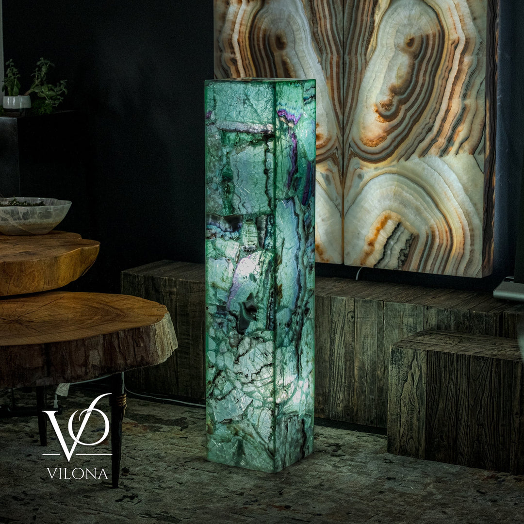 Medium square fluorite floor lamp full view, green with purple highlights and cracks