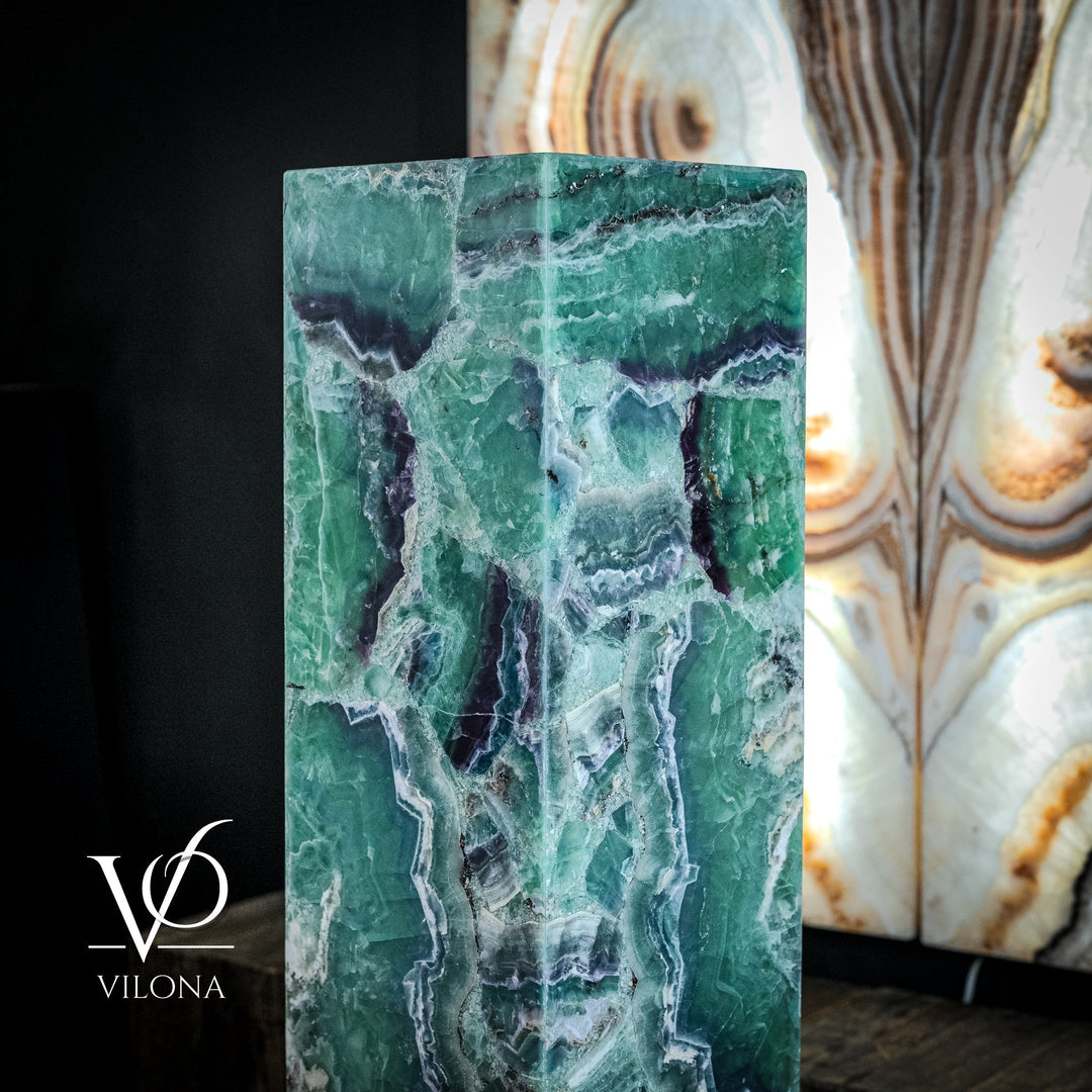 Square fluorite floor lamp panel, green teal with white crystal veining