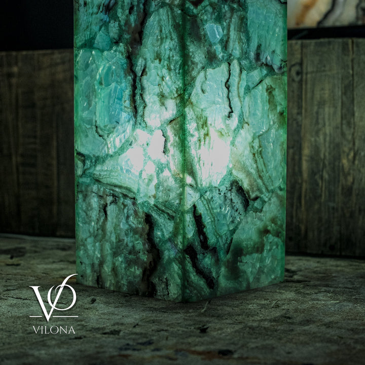 Square fluorite floor lamp front panel in green with dark mineral veins