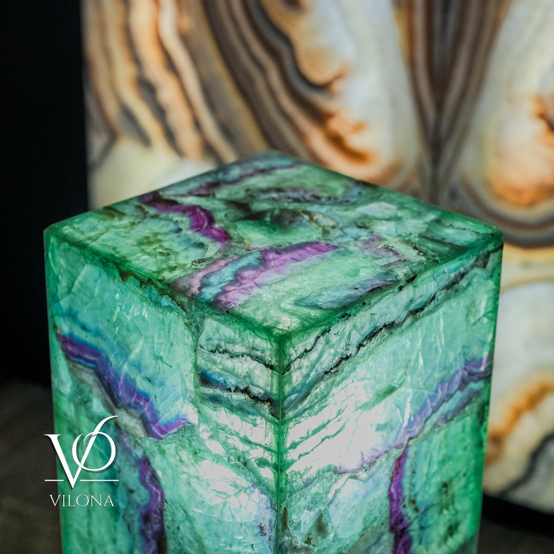 Square fluorite floor lamp top view, green glow stone with purple veining