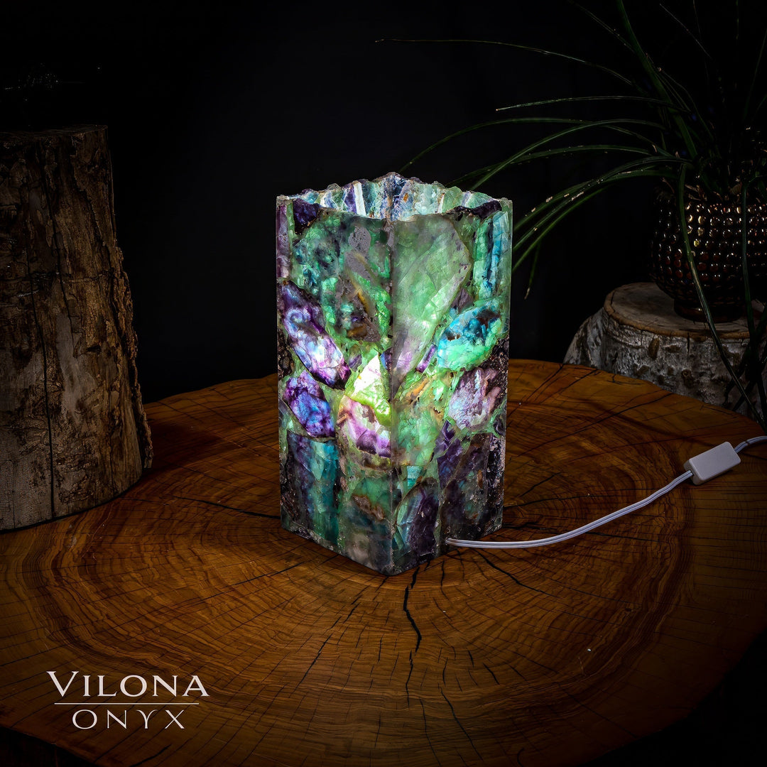 Miniature fluorite crystal table lamp, upright faceted prism with bright green glow and cord