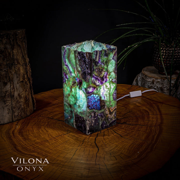 Miniature fluorite crystal table lamp with multicolor faceted prism shade and cord