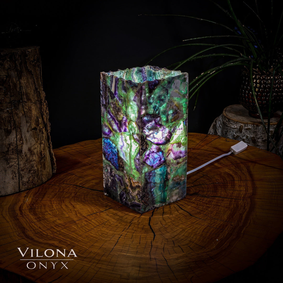 Miniature fluorite crystal table lamp, faceted prism in green and violet with cord