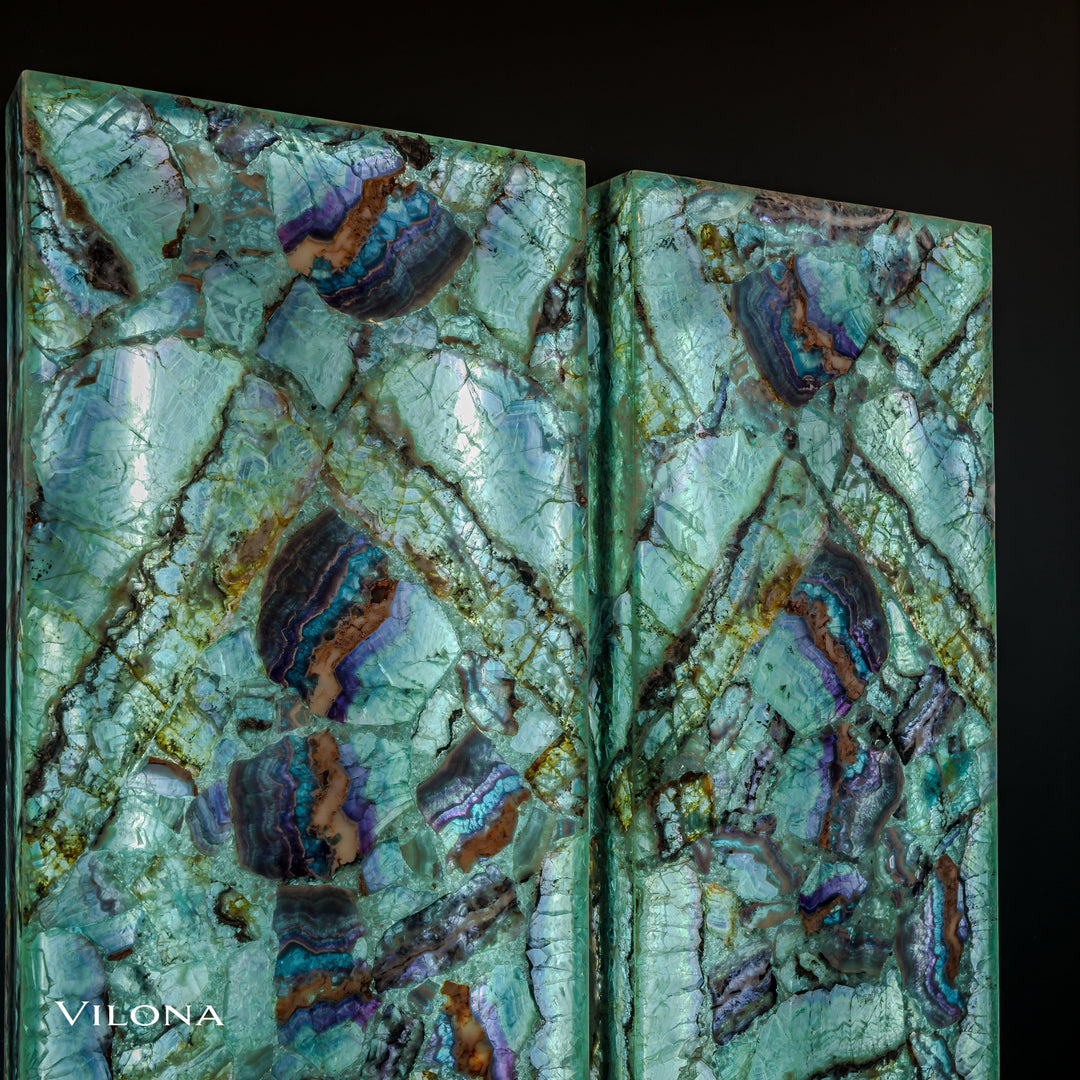 Two fluorite crystal wall panels, turquoise fluorite with swirling blue-purple veins