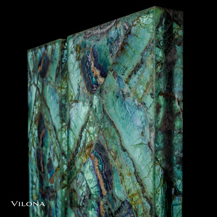 Fluorite crystal wall panel, teal surface with dark blue and purple vertical bands