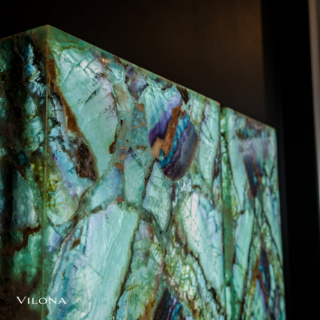 Angled fluorite crystal wall panel, teal stone with brown and violet bands
