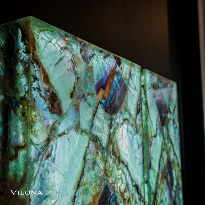 Angled fluorite crystal wall panel, teal stone with brown and violet bands