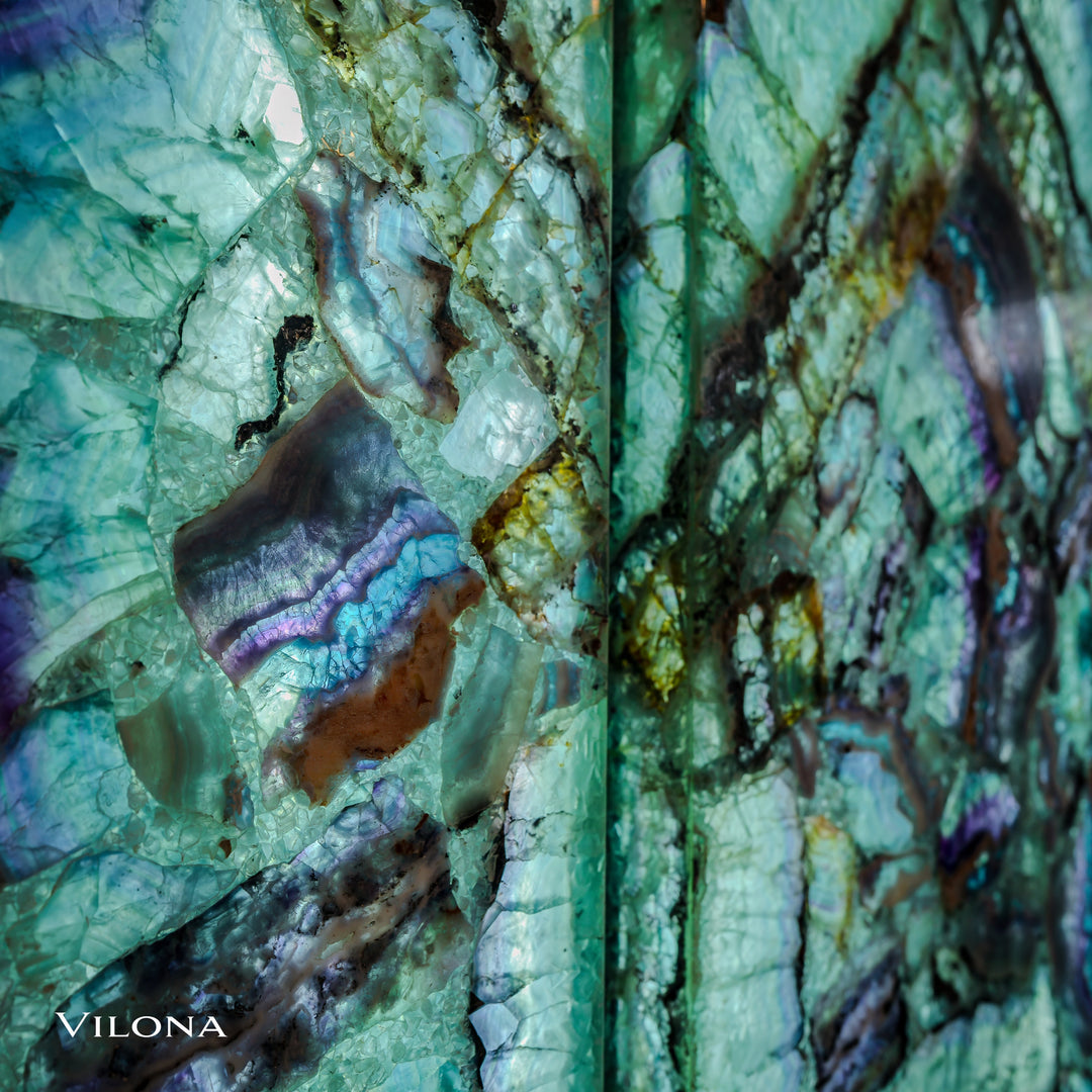 Fluorite crystal wall panel detail with green-blue stone and dark purple streaks