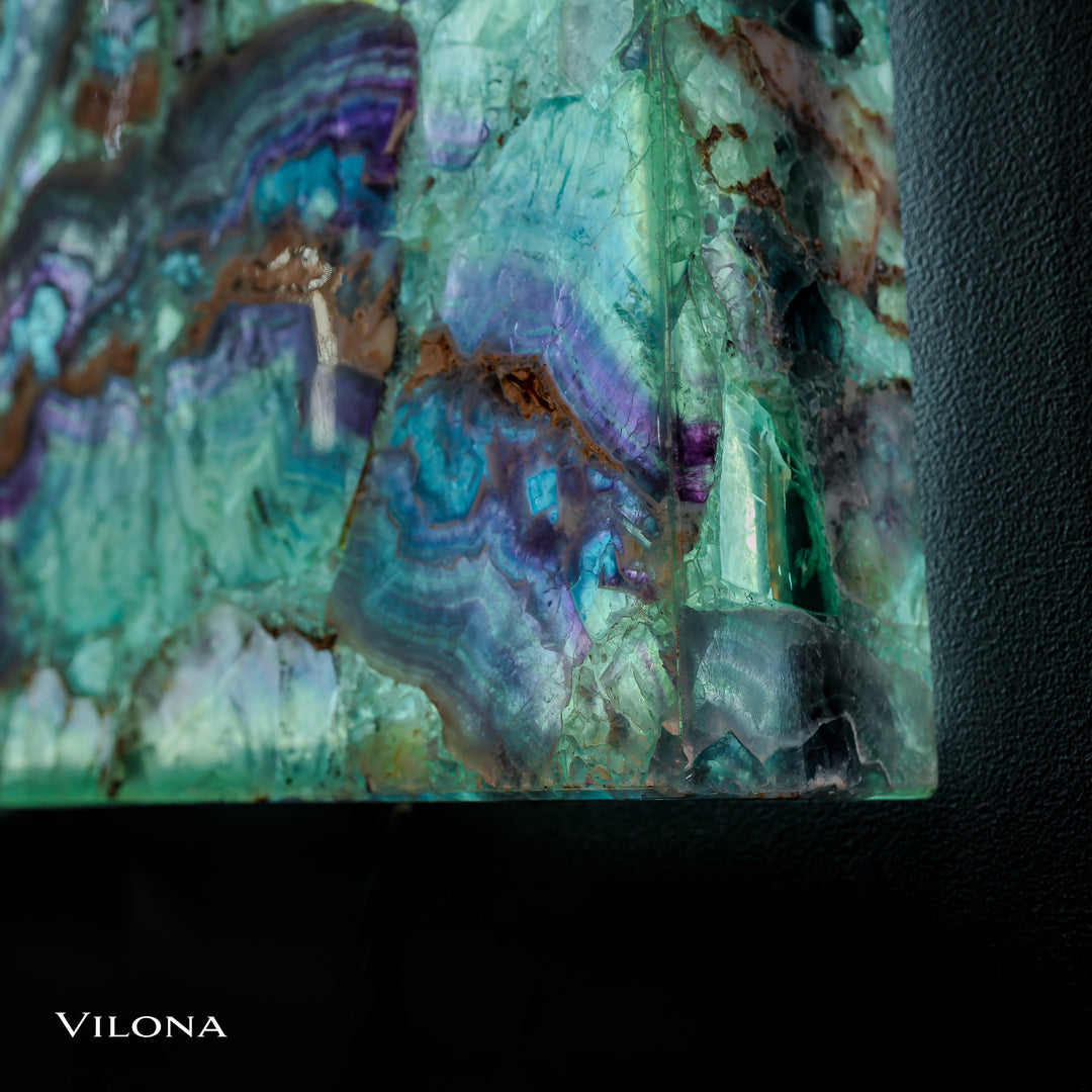 Close-up fluorite wall panel section, teal with purple-blue and amber banding