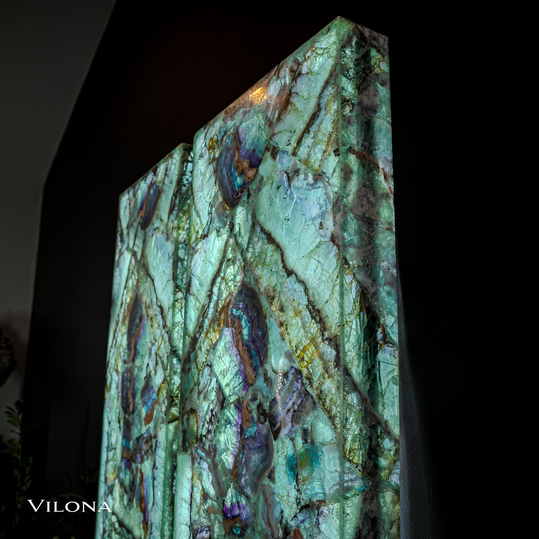Fluorite crystal wall panel with teal tones, purple cores and dark green striations