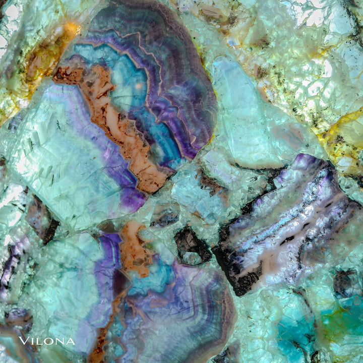Fluorite crystal wall panel with light turquoise surface and violet banding