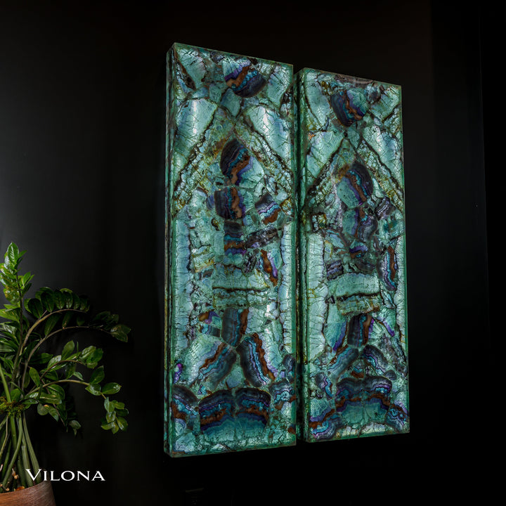 Set of two fluorite crystal wall panels in teal with purple and amber veining
