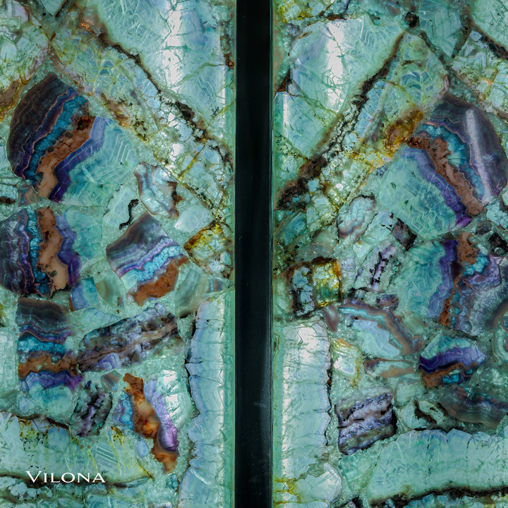 Fluorite crystal wall panel with vertical seam and multicolor mineral veining