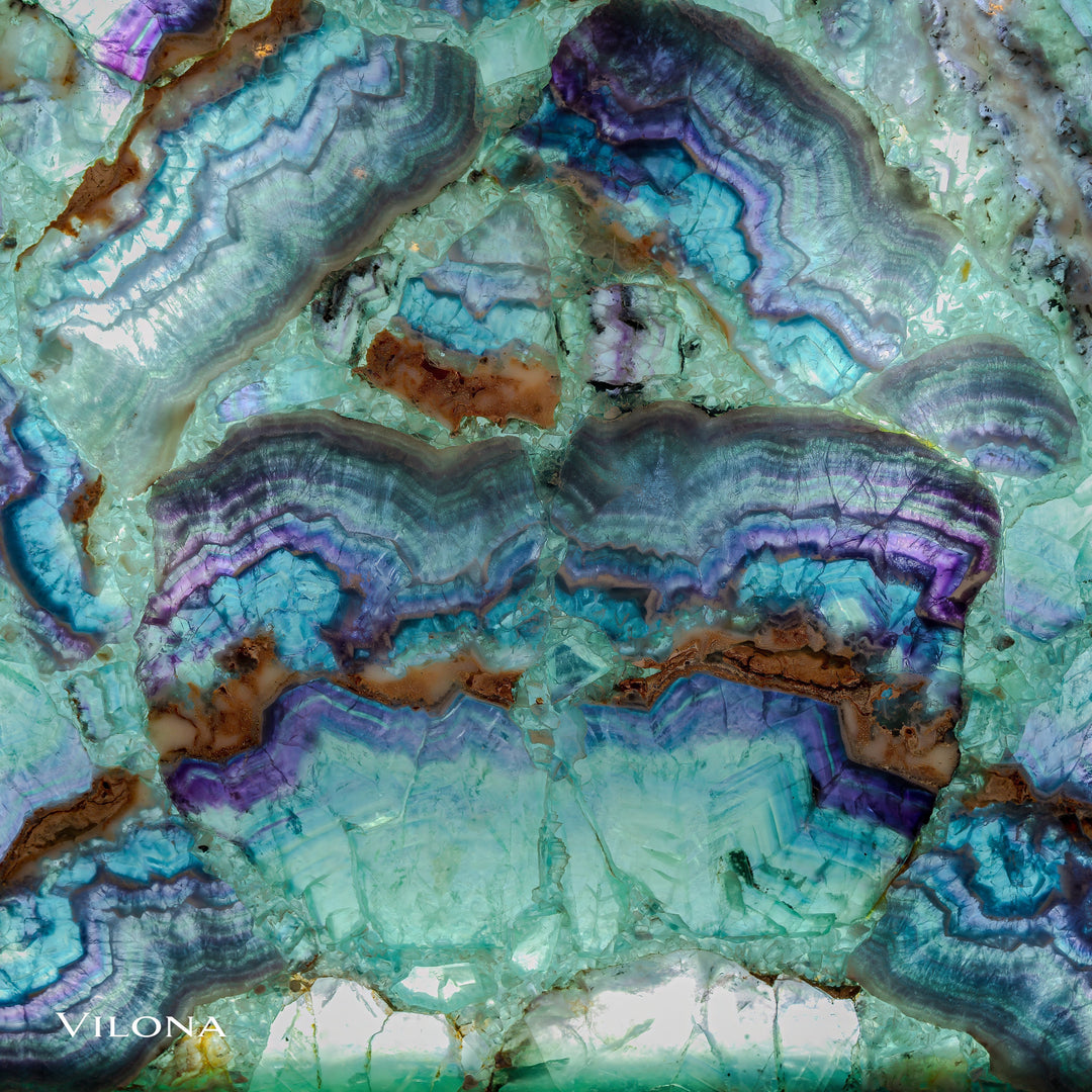Fluorite crystal wall panel with turquoise, blue, and purple banded patterns