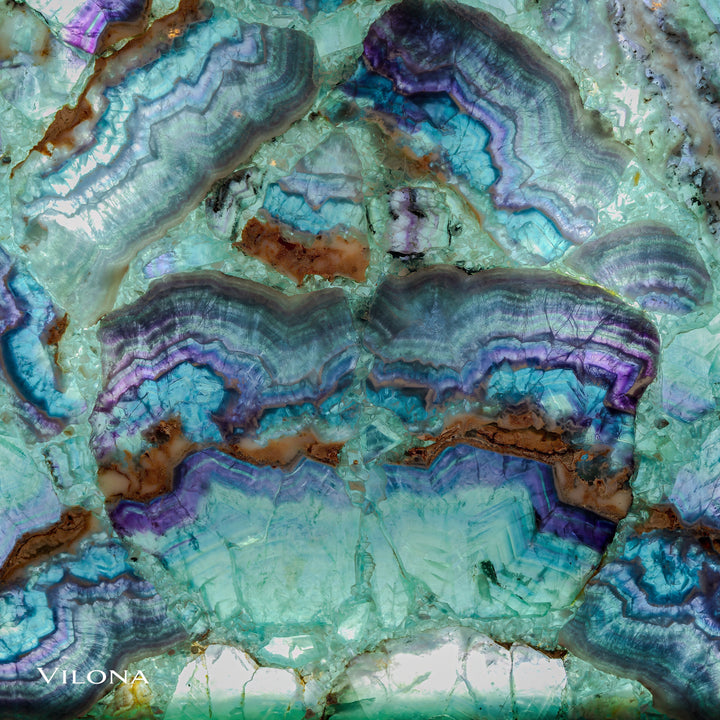 Fluorite crystal wall panel with turquoise, blue, and purple banded patterns