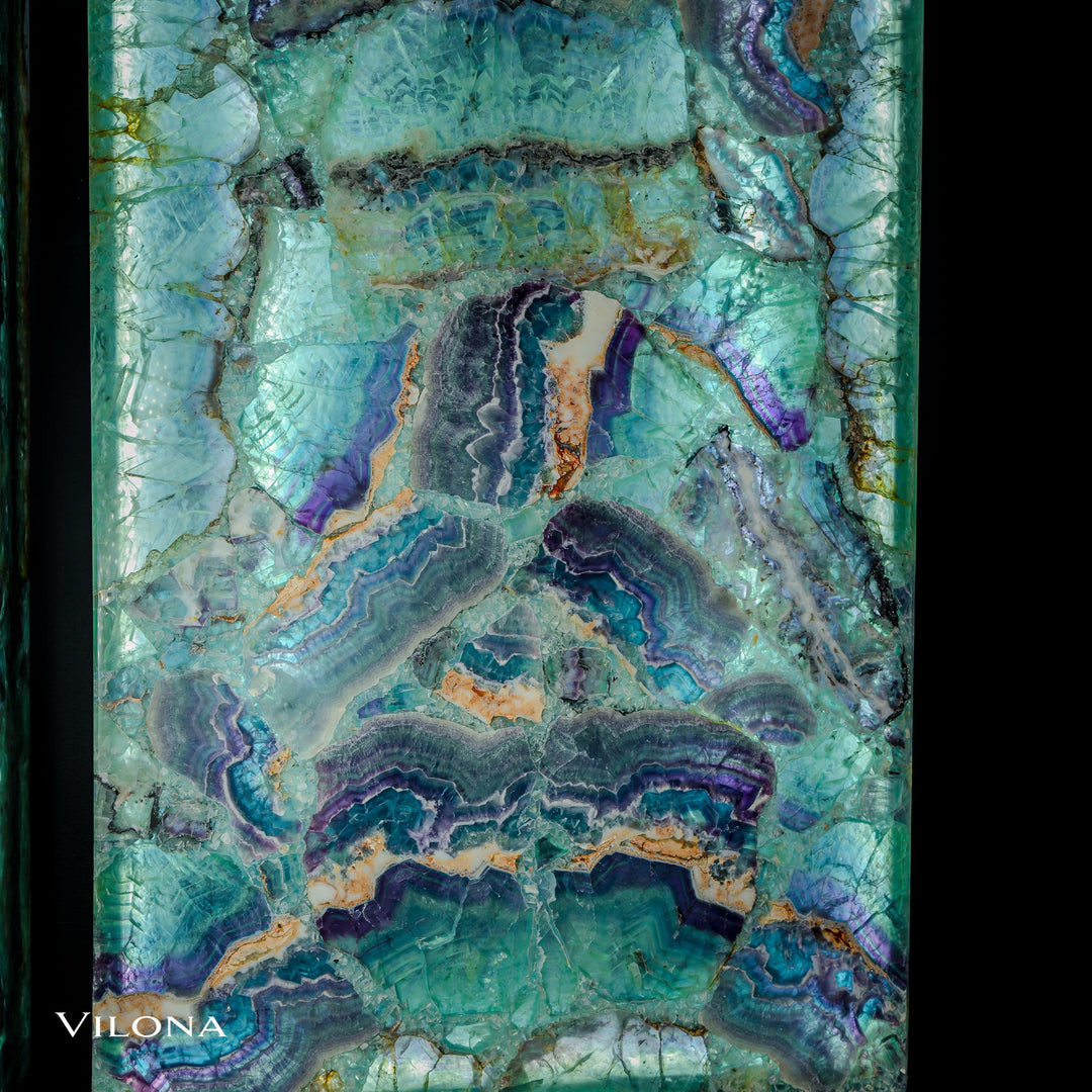 Fluorite wall panel close-up, turquoise crystal with layered blue-purple contour lines