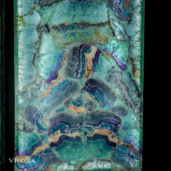 Fluorite wall panel close-up, turquoise crystal with layered blue-purple contour lines