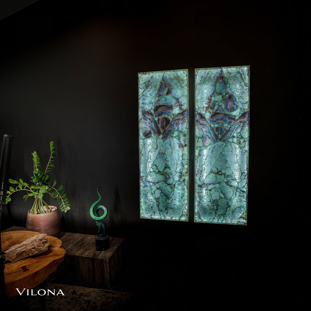 Teal fluorite wall panel pair with mirrored blue-purple designs, vertical boards