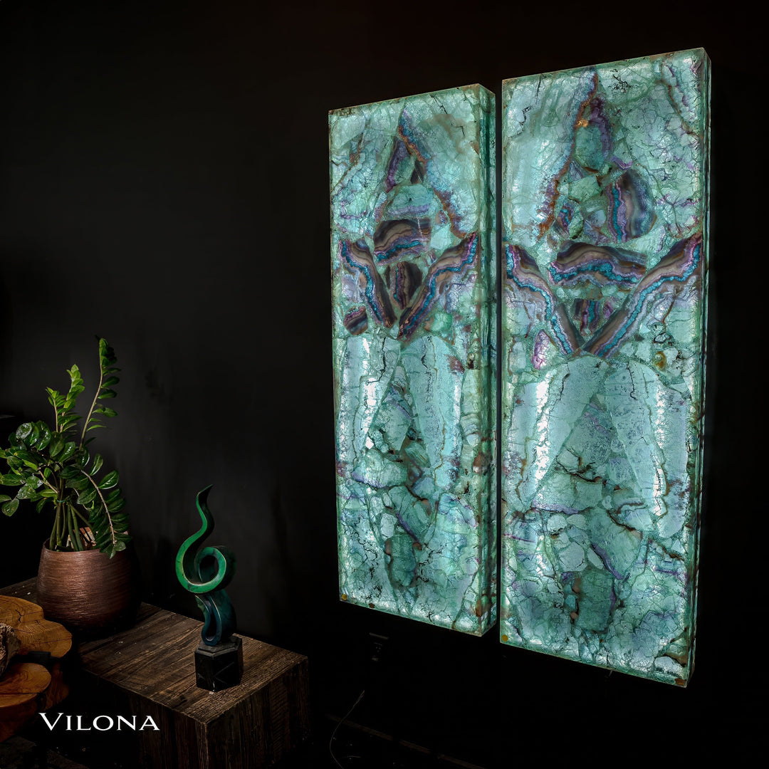 Pair of teal fluorite wall panels with purple and blue iridescent veining, vertical