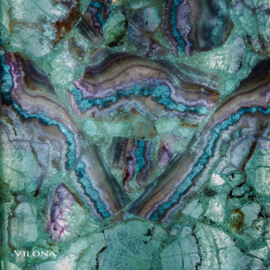 Fluorite crystal wall panel with teal and purple banded veining
