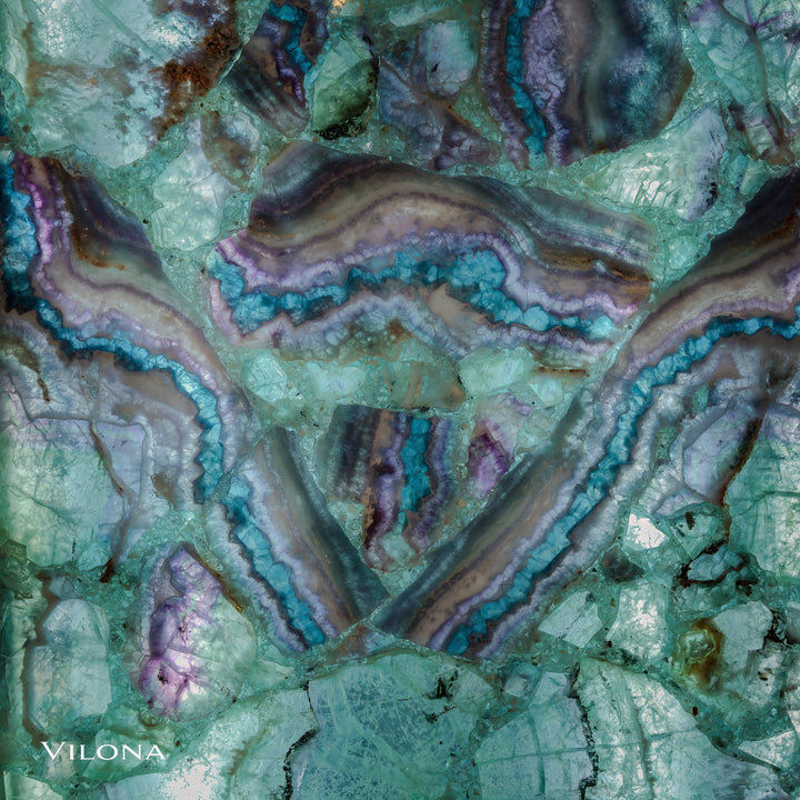 Fluorite crystal wall panel with teal and purple banded veining