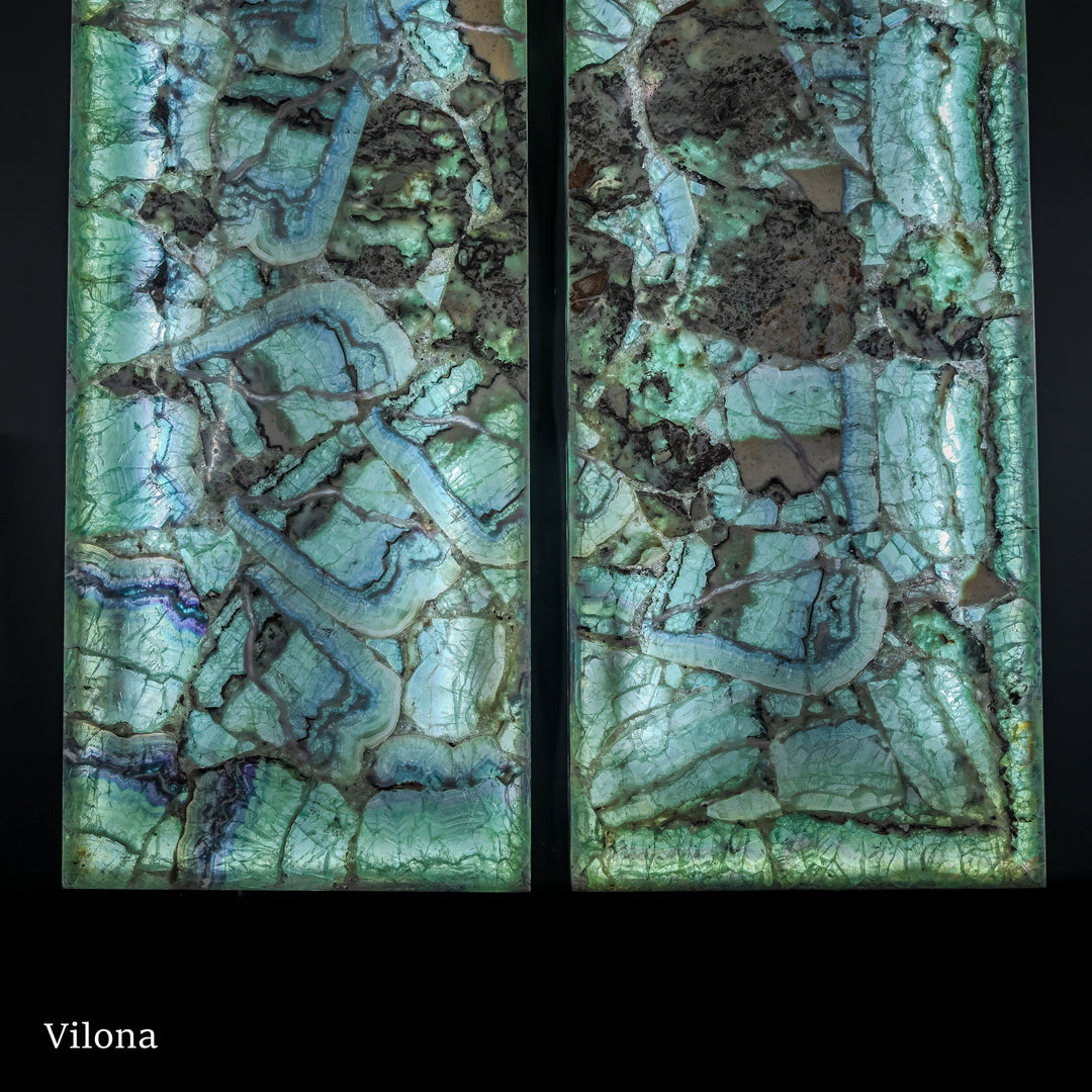 Fluorite crystal wall panel pair featuring turquoise, mint, and dark stone patches