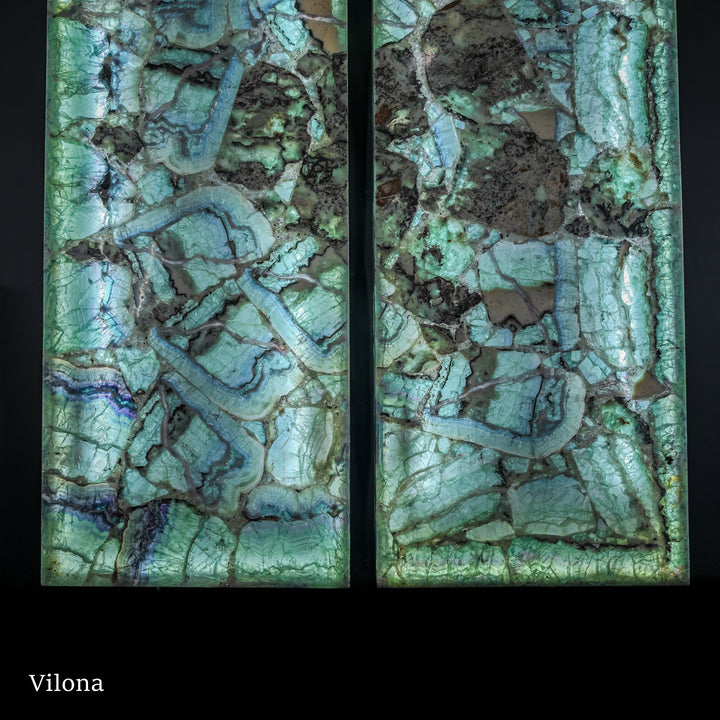 Fluorite crystal wall panel pair featuring turquoise, mint, and dark stone patches