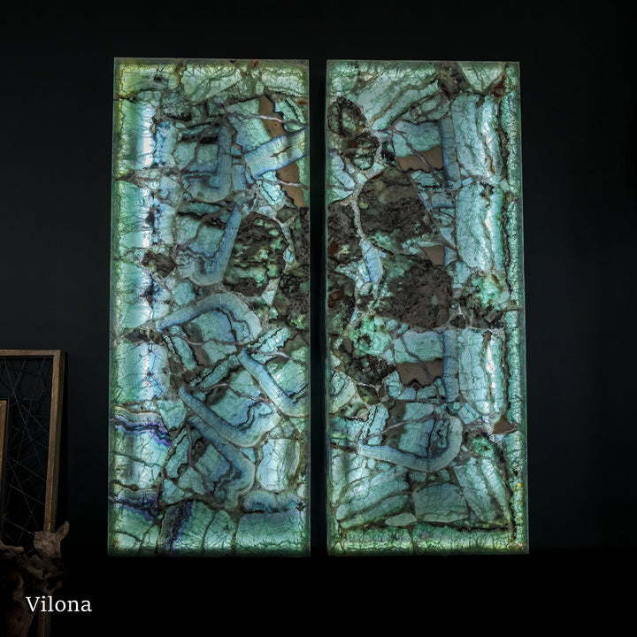 Fluorite crystal wall panel pair with turquoise and green veined stone texture