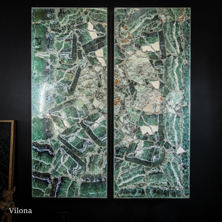 Fluorite wall panel pair with detailed green-blue veining and dark edge borders